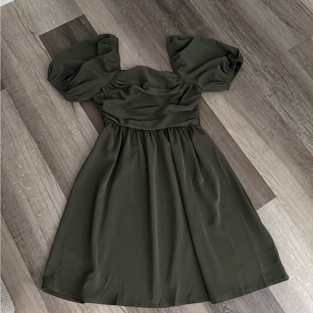 SHEIN Olive Puff-Sleeve Babydoll Mini Dress